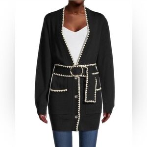 Rebecca Taylor Belted Wool Blend Stitched Cardigan